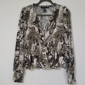 WHBM Top Womens Medium Animal Print Smocked Bishop Sleeve V Neck Peplum Blouse